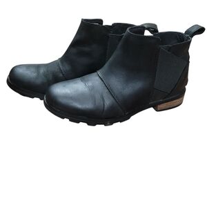 Sorel Emelie Black Oiled Leather Waterproof Chelsea Ankle Boots Booties Sz 8